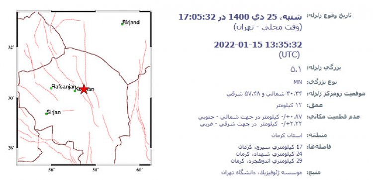 زلزله ۵/۱ ریشتری حوالی شهر کرمان را لرزاند