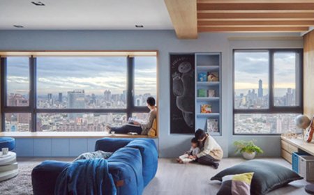 طراحی داخلی خانه با رنگ های آبی و طوسی